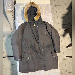 Black Hooded Parka with Fur Trim